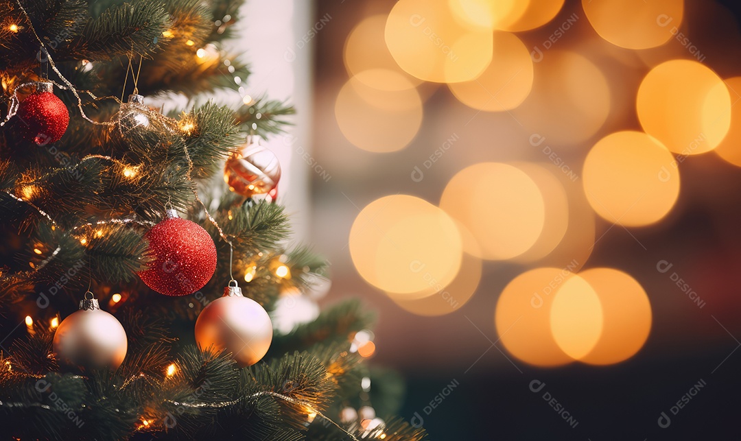 Decoração de Natal com árvore decorada, bolas, brinquedos, luzes, espaçamento de texto e fundo bokeh