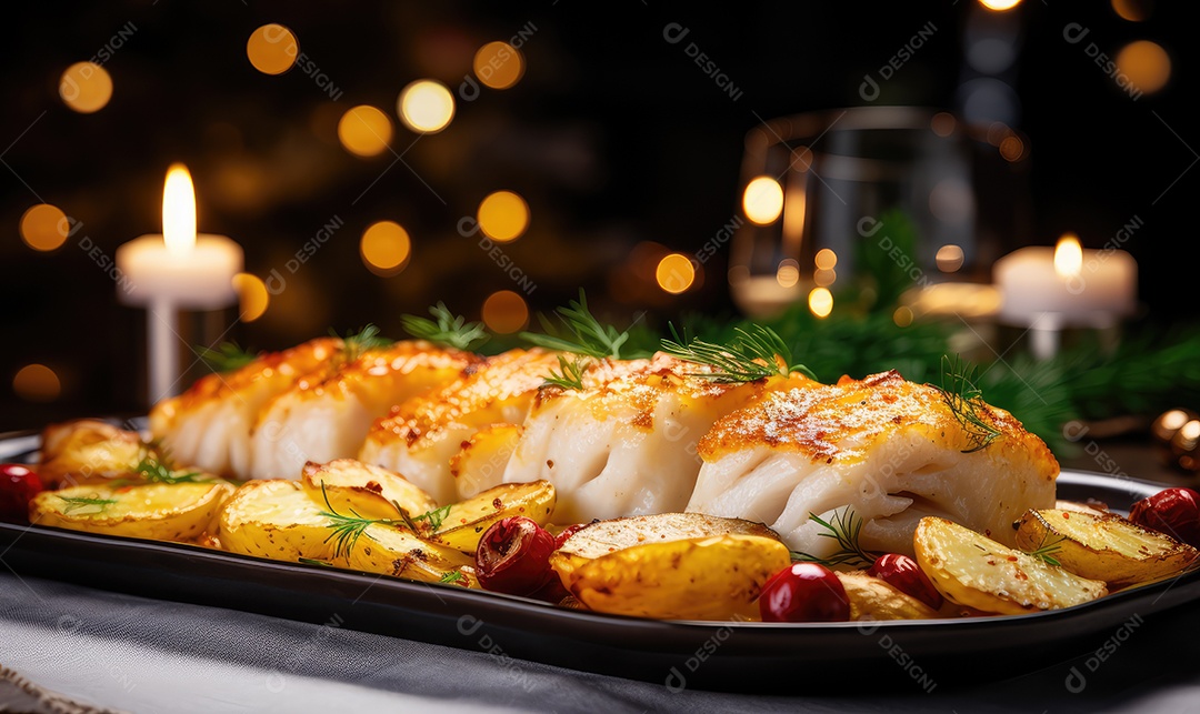 Delicioso bacalhau de Natal assado com super detalhes em uma bandeja sobre a mesa decorada para a véspera de Natal