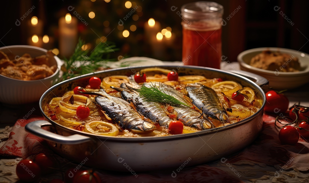 Delicioso bacalhau de Natal assado com super detalhes em uma bandeja sobre a mesa decorada para a véspera de Natal