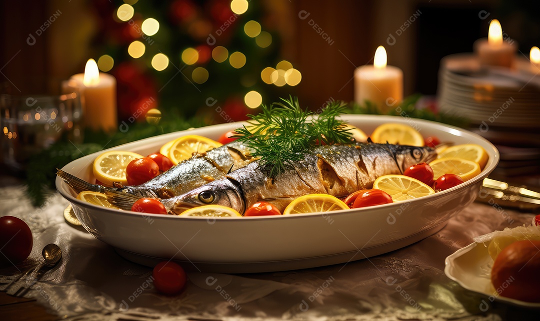 Deliciosas Sardinhas de Natal Portuguesas assadas detalhadamente num tabuleiro sobre uma mesa de Natal decorada