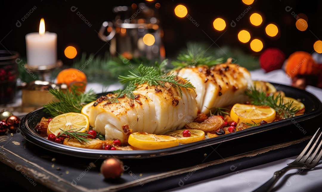 Delicioso bacalhau de Natal assado com super detalhes em uma bandeja sobre a mesa decorada para a véspera de Natal