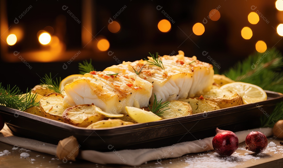 Delicioso bacalhau de Natal assado com super detalhes em uma bandeja sobre a mesa decorada para a véspera de Natal