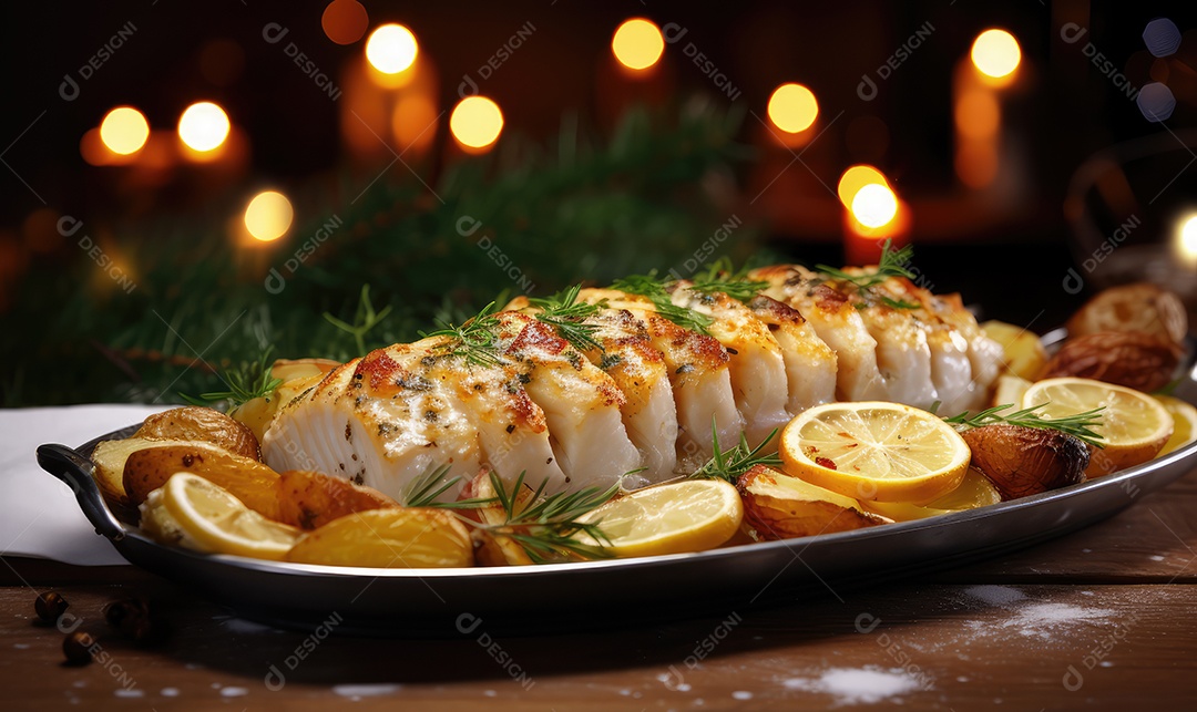 Delicioso bacalhau de Natal assado com super detalhes em uma bandeja sobre a mesa decorada para a véspera de Natal