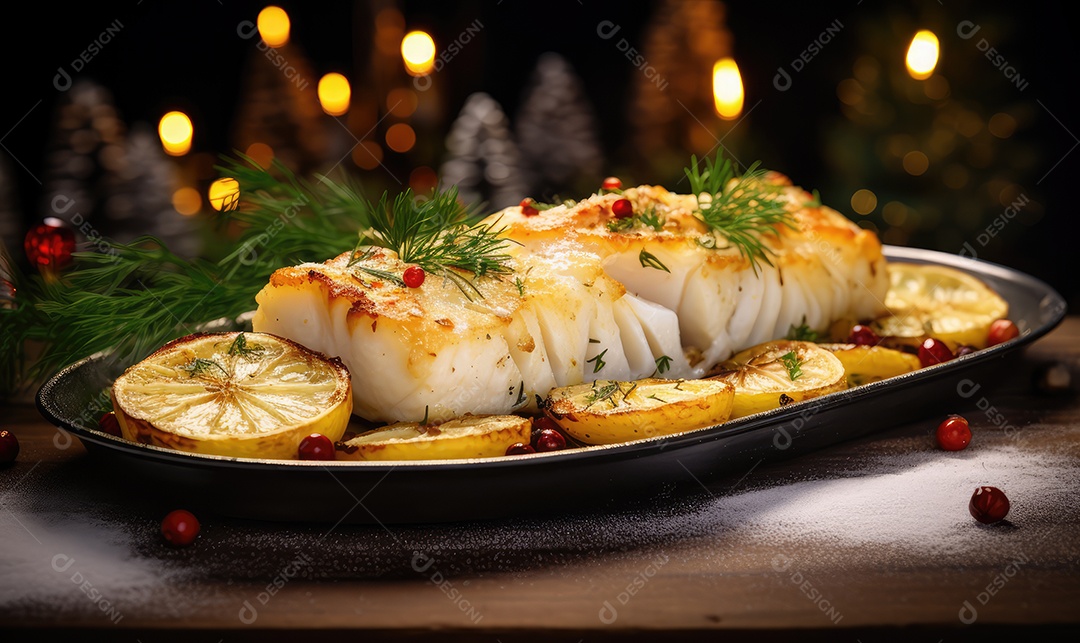 Delicioso bacalhau de Natal assado com super detalhes em uma bandeja sobre a mesa decorada para a véspera de Natal