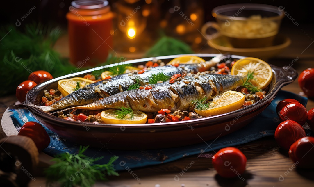 Deliciosas Sardinhas de Natal Portuguesas assadas detalhadamente num tabuleiro sobre uma mesa de Natal decorada
