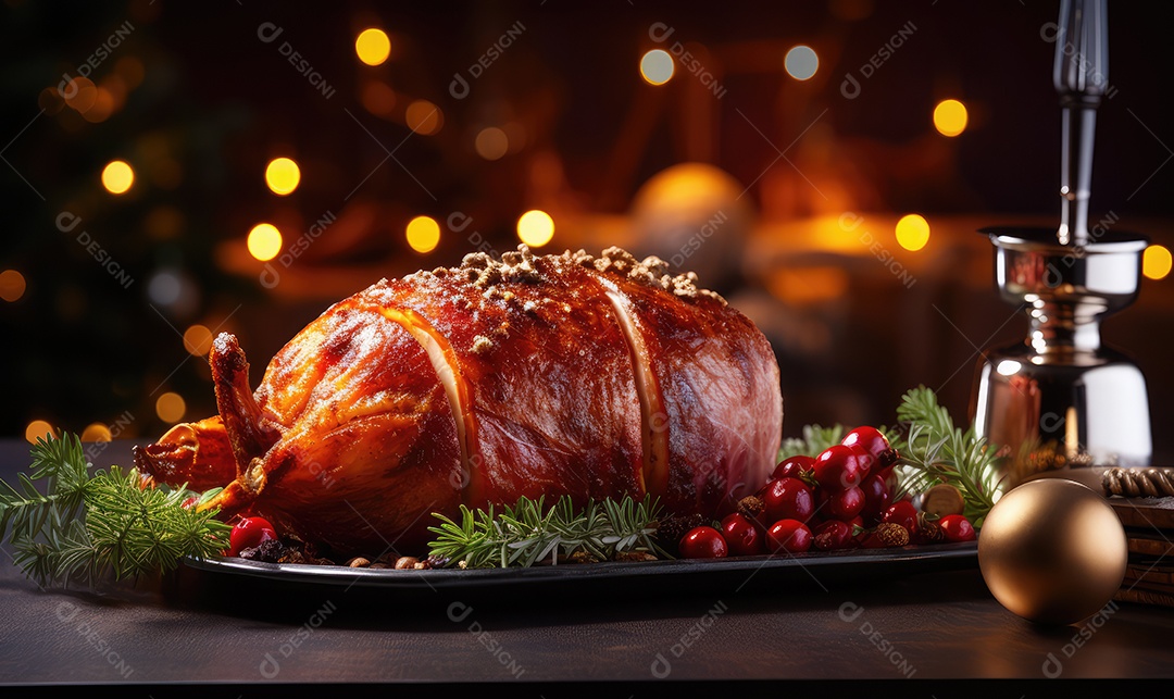 Presunto de porco assado defumado de Natal cortado em tábua de madeira com decoração de Natal