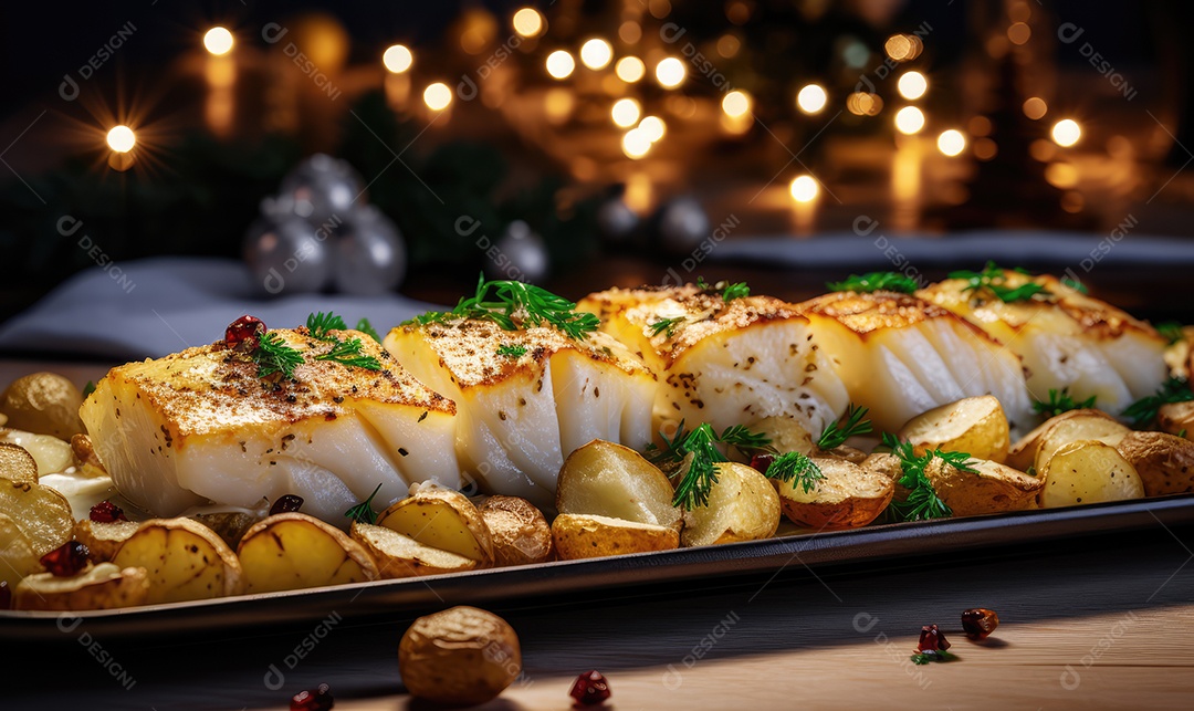 Delicioso bacalhau de Natal assado com super detalhes em uma bandeja sobre a mesa decorada para a véspera de Natal