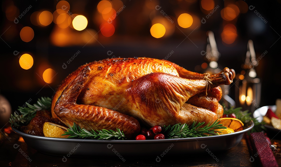 Peru assado suculento e saboroso no prato com decoração de Natal