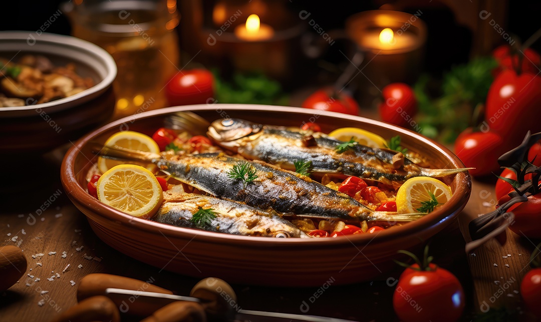 Deliciosas Sardinhas de Natal Portuguesas assadas detalhadamente num tabuleiro sobre uma mesa de Natal decorada