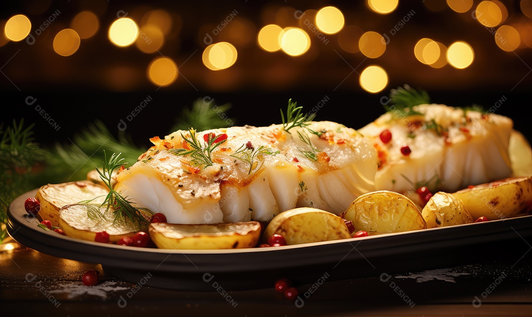 Delicioso bacalhau de Natal assado com super detalhes em uma bandeja sobre a mesa decorada para a véspera de Natal