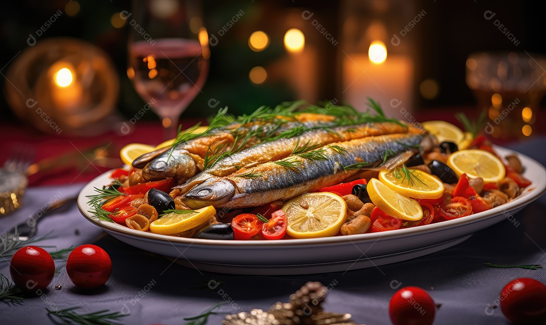 Deliciosas Sardinhas de Natal Portuguesas assadas detalhadamente num tabuleiro sobre uma mesa de Natal decorada
