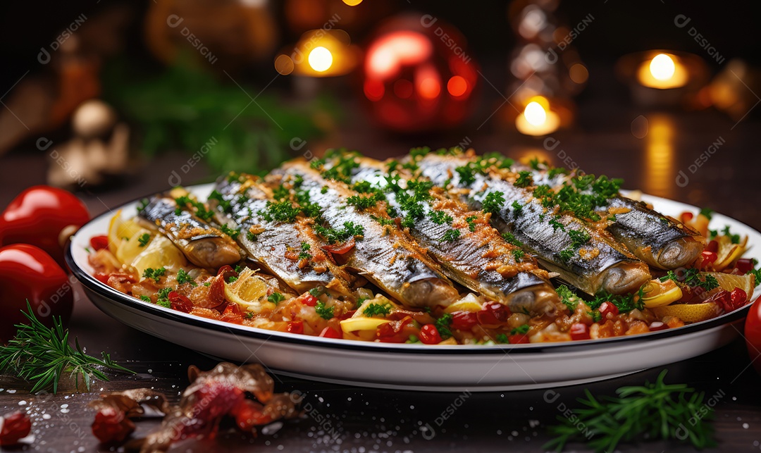 Deliciosas Sardinhas de Natal Portuguesas assadas detalhadamente num tabuleiro sobre uma mesa de Natal decorada