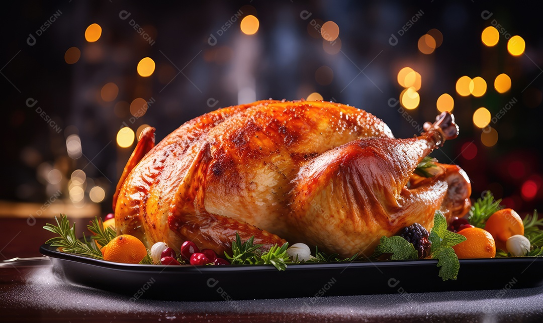 Peru assado suculento e saboroso no prato com decoração de Natal