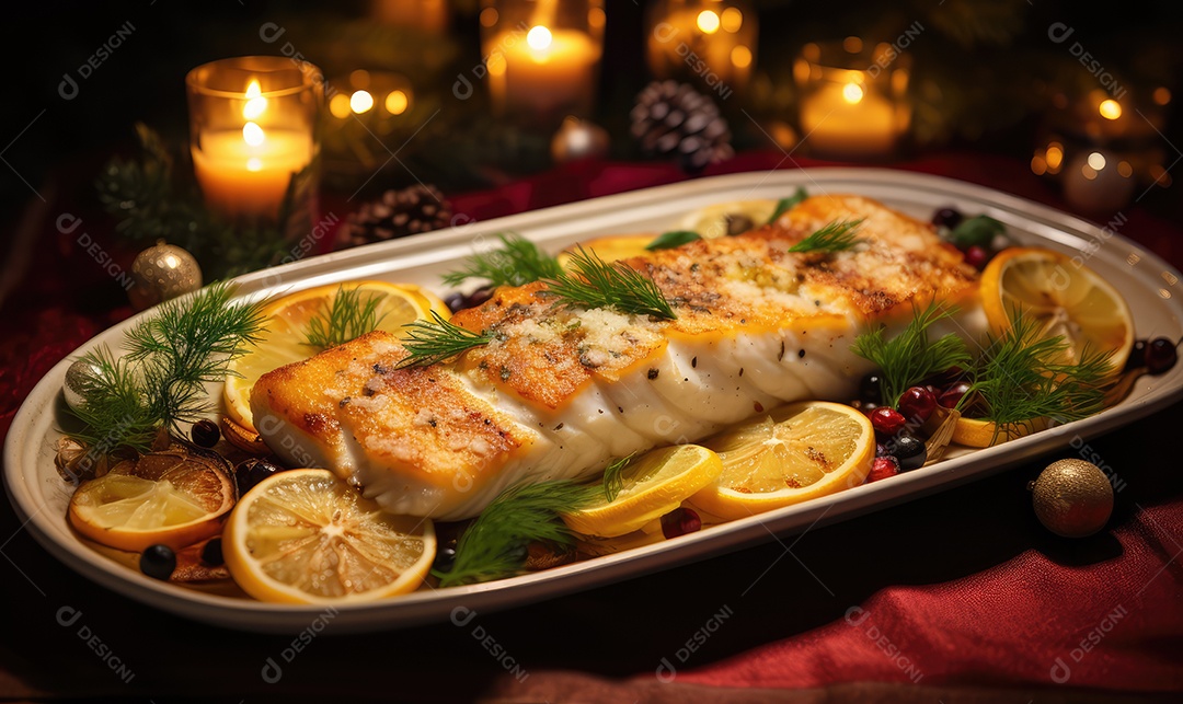 Delicioso bacalhau de Natal assado com super detalhes em uma bandeja sobre a mesa decorada para a véspera de Natal