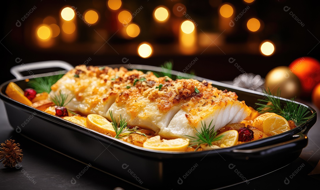 Delicioso bacalhau de Natal assado com super detalhes em uma bandeja sobre a mesa decorada para a véspera de Natal