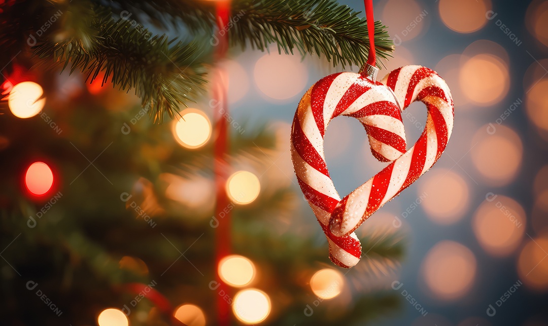 Decoração de Natal com árvore decorada, bolas, brinquedos, luzes, espaçamento de texto e fundo bokeh