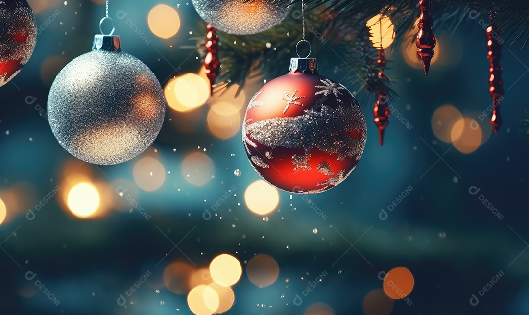 Decoração de Natal com árvore decorada, bolas, brinquedos, luzes, espaçamento de texto e fundo bokeh