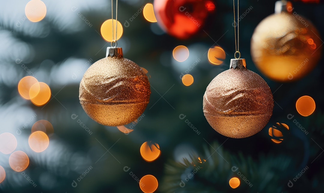 Decoração de Natal com árvore decorada, bolas, brinquedos, luzes, espaçamento de texto e fundo bokeh