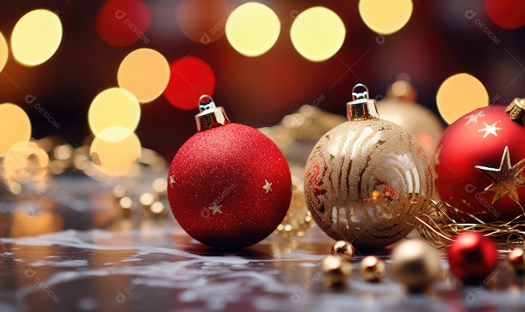 Decoração de Natal com árvore decorada, bolas, brinquedos, luzes