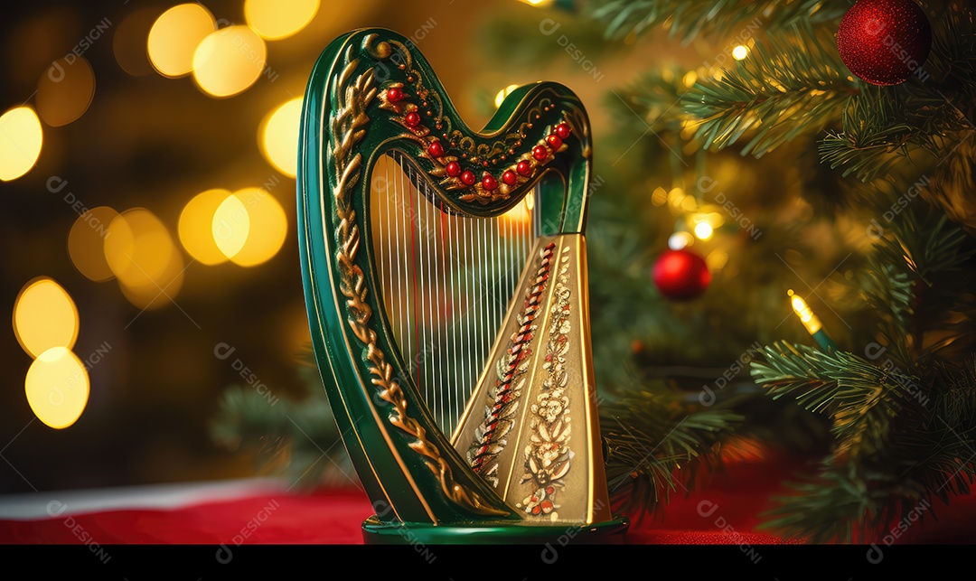 Harpa para decoração de Natal com árvore decorada