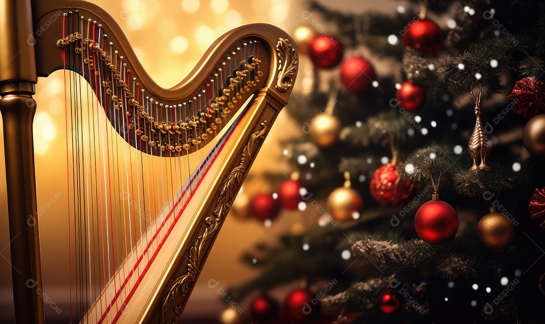 Harpa para decoração de Natal com árvore decorada
