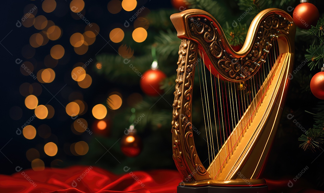 Harpa para decoração de Natal com árvore decorada