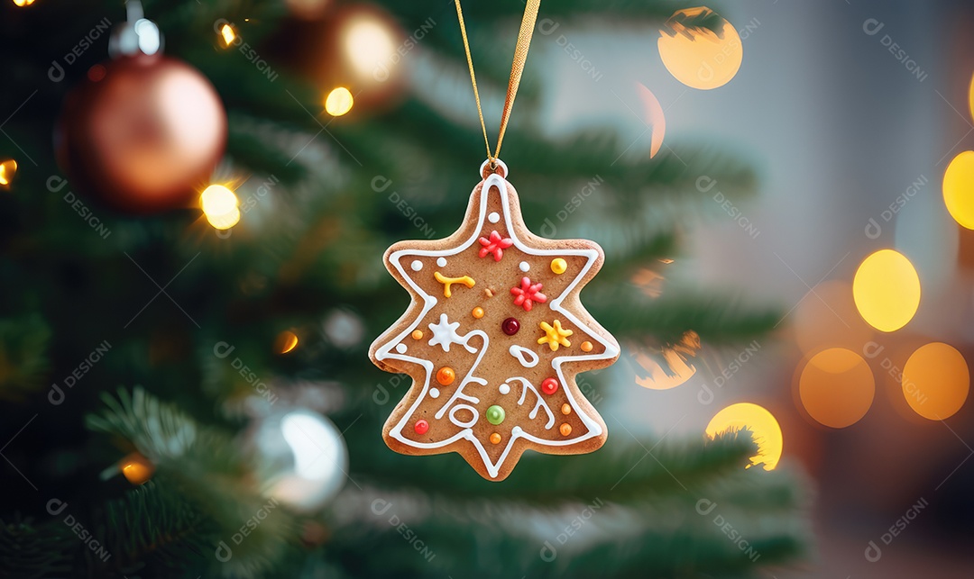 Decoração de Natal com árvore decorada, bolas, brinquedos, luzes