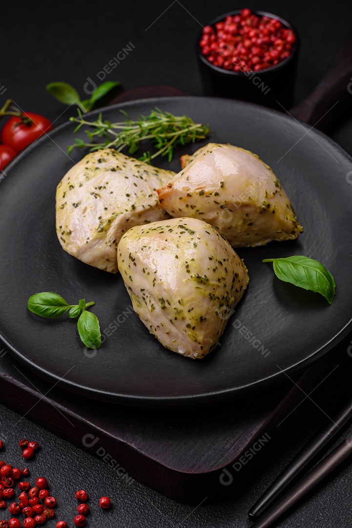 Deliciosos legumes grelhados, abobrinha, berinjela, pimentão e cogumelos com sal, especiarias e ervas sobre um fundo escuro de concreto