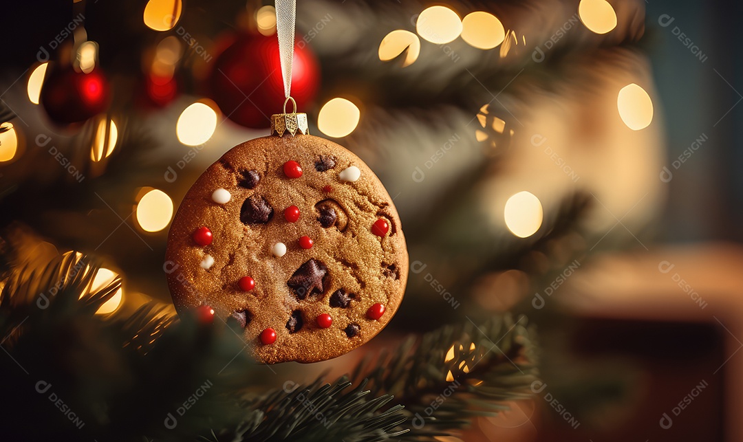 Decoração de Natal com árvore decorada, bolas, brinquedos, luzes, espaçamento de texto e fundo bokeh