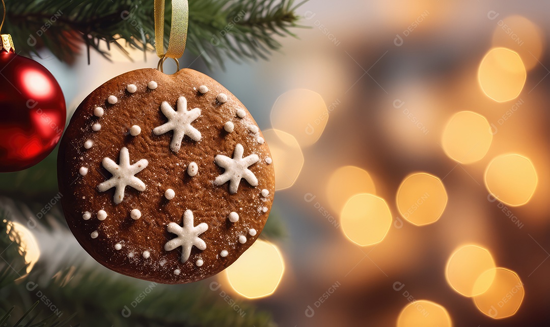 Decoração de Natal com árvore decorada, bolas, brinquedos, luzes, espaçamento de texto e fundo bokeh