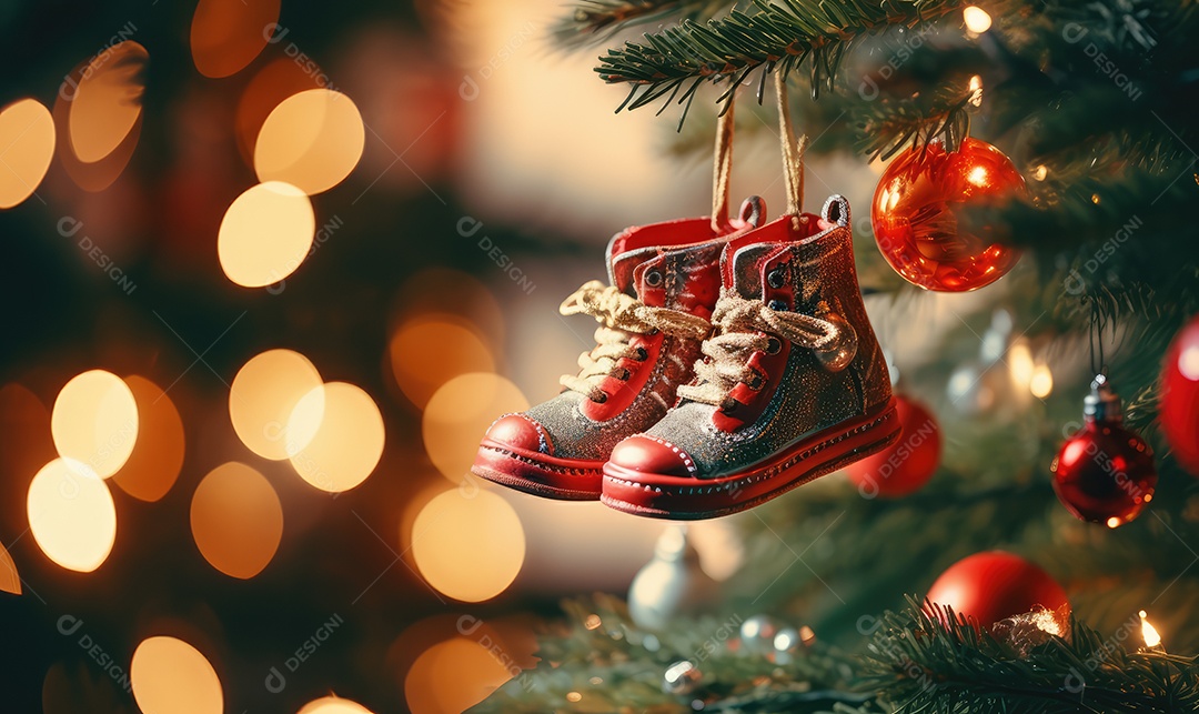 Decoração de Natal com árvore decorada, bolas, brinquedos, luzes, espaçamento de texto e fundo bokeh