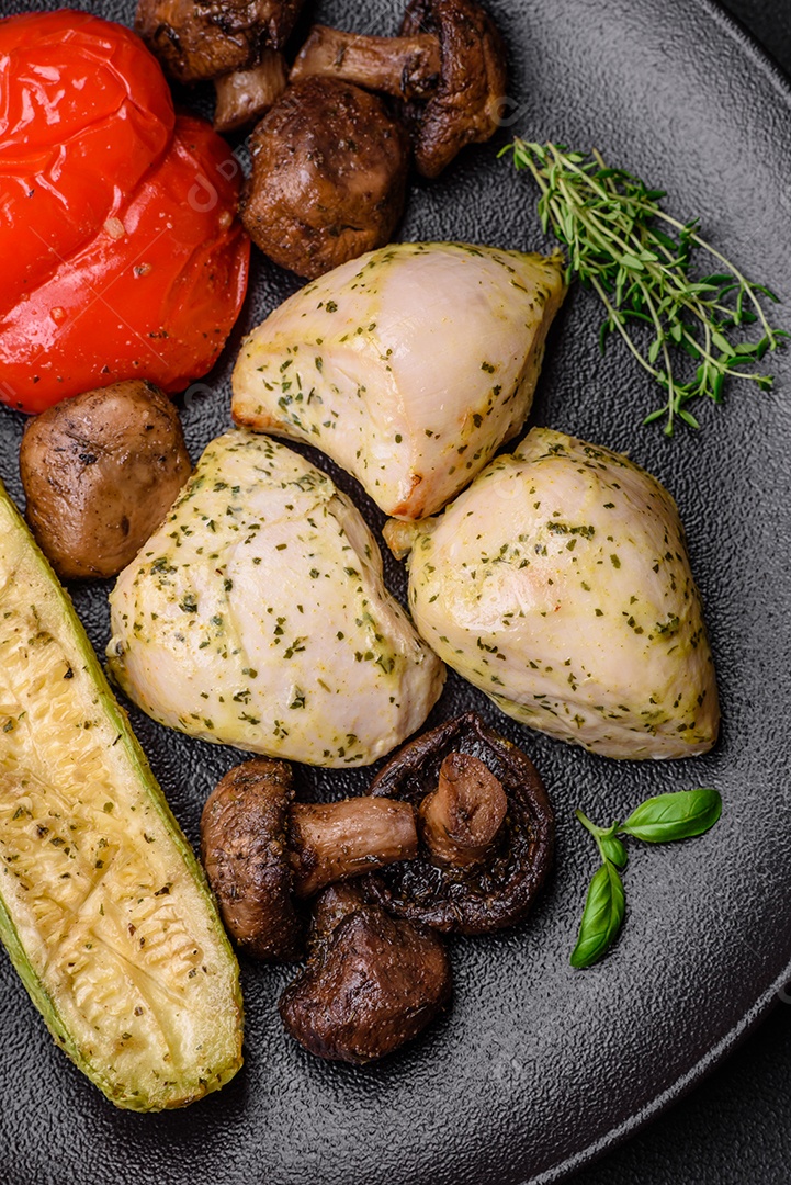 Deliciosos legumes grelhados, abobrinha, berinjela, pimentão e cogumelos com sal, especiarias e ervas sobre um fundo escuro de concreto