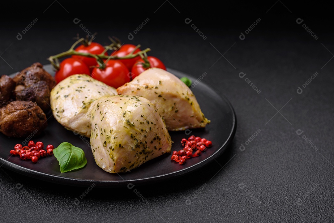 Deliciosos legumes grelhados, abobrinha, berinjela, pimentão e cogumelos com sal, especiarias e ervas sobre um fundo escuro de concreto