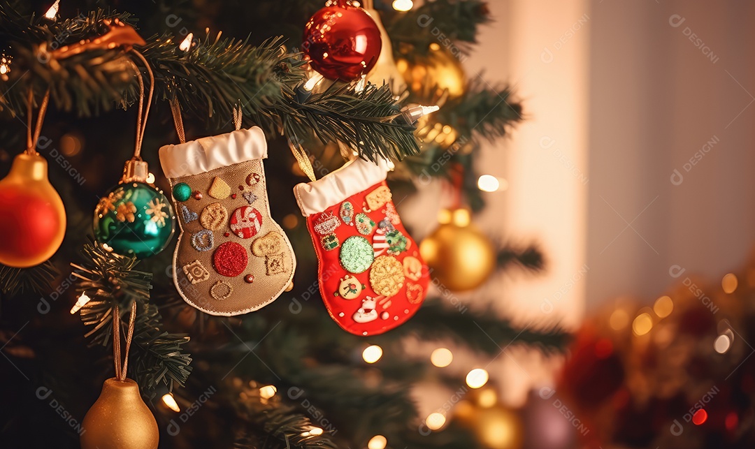 Decoração de Natal com árvore decorada, bolas, brinquedos, luzes, espaçamento de texto e fundo bokeh