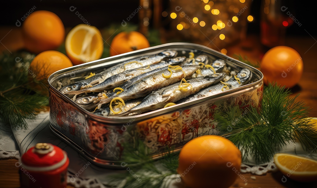 Deliciosas Sardinhas de Natal Portuguesas assadas detalhadamente num tabuleiro sobre uma mesa de Natal decorada