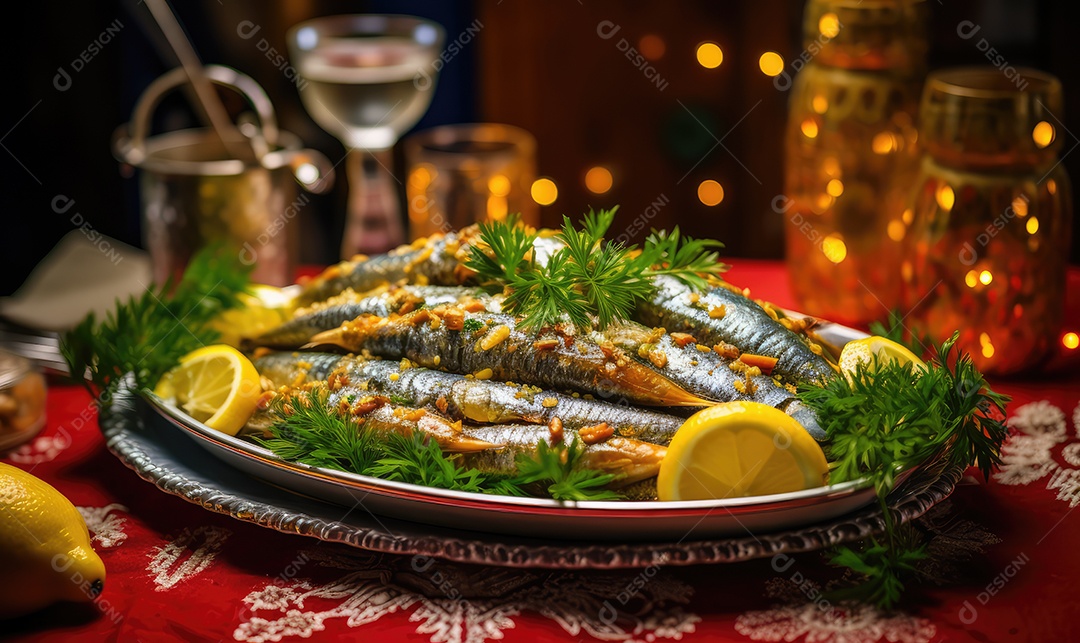 Deliciosas Sardinhas de Natal Portuguesas assadas detalhadamente num tabuleiro sobre uma mesa de Natal decorada