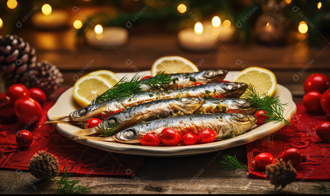 Delicioso bacalhau de Natal assado com super detalhes em uma bandeja sobre a mesa decorada para a véspera de Natal