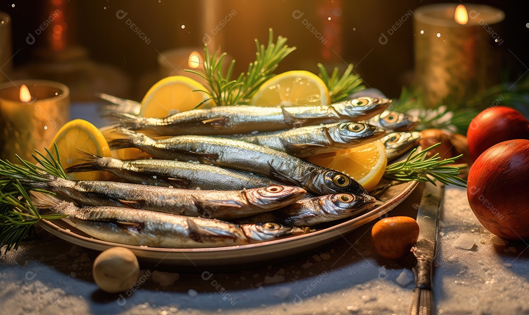 Deliciosas Sardinhas de Natal Portuguesas assadas detalhadamente num tabuleiro sobre uma mesa de Natal decorada