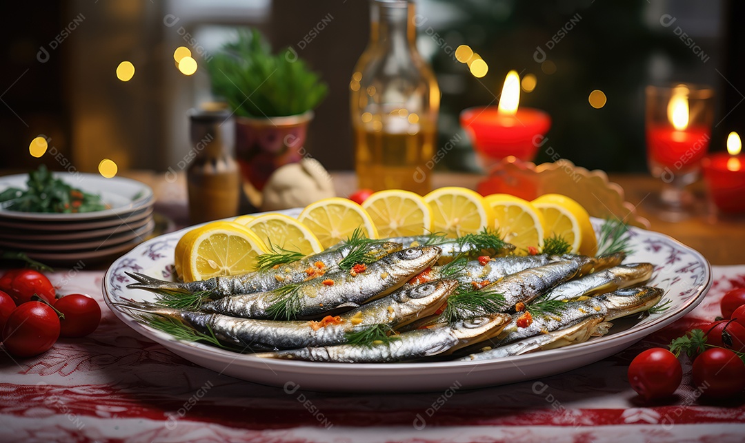 Deliciosas Sardinhas de Natal Portuguesas assadas detalhadamente num tabuleiro sobre uma mesa de Natal decorada