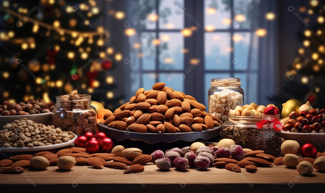 Deliciosas oleaginosas no Natal, nozes, amêndoas, passas, castanhas, pistache, macadâmia