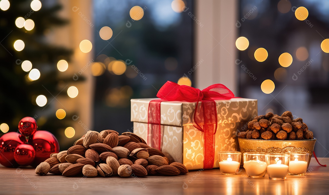 Deliciosas oleaginosas no Natal, nozes, amêndoas, passas, castanhas, pistache, macadâmia