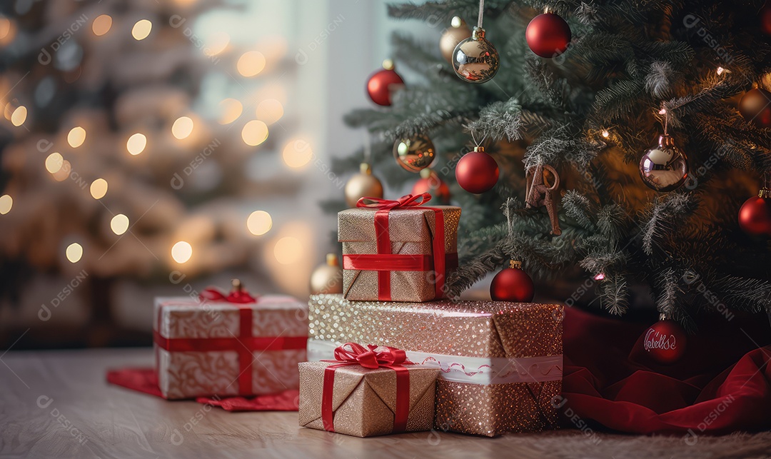 Decoração de Natal com árvore decorada, bolas, brinquedos, luzes, espaçamento de texto e fundo bokeh