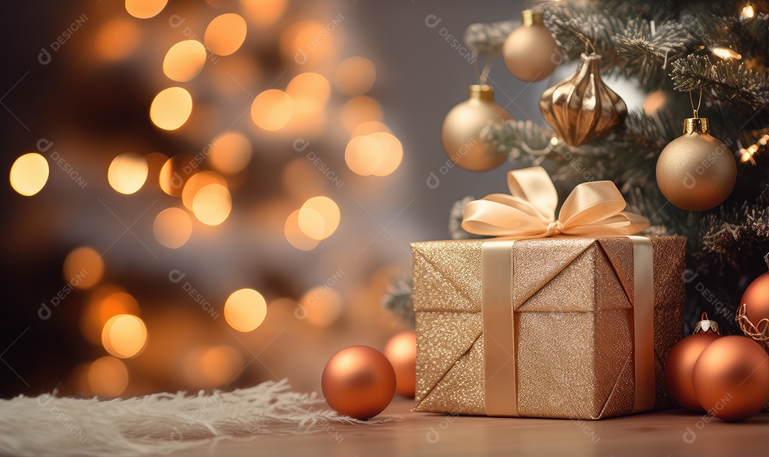 Decoração de Natal com árvore decorada, bolas, brinquedos, luzes, espaçamento de texto e fundo bokeh