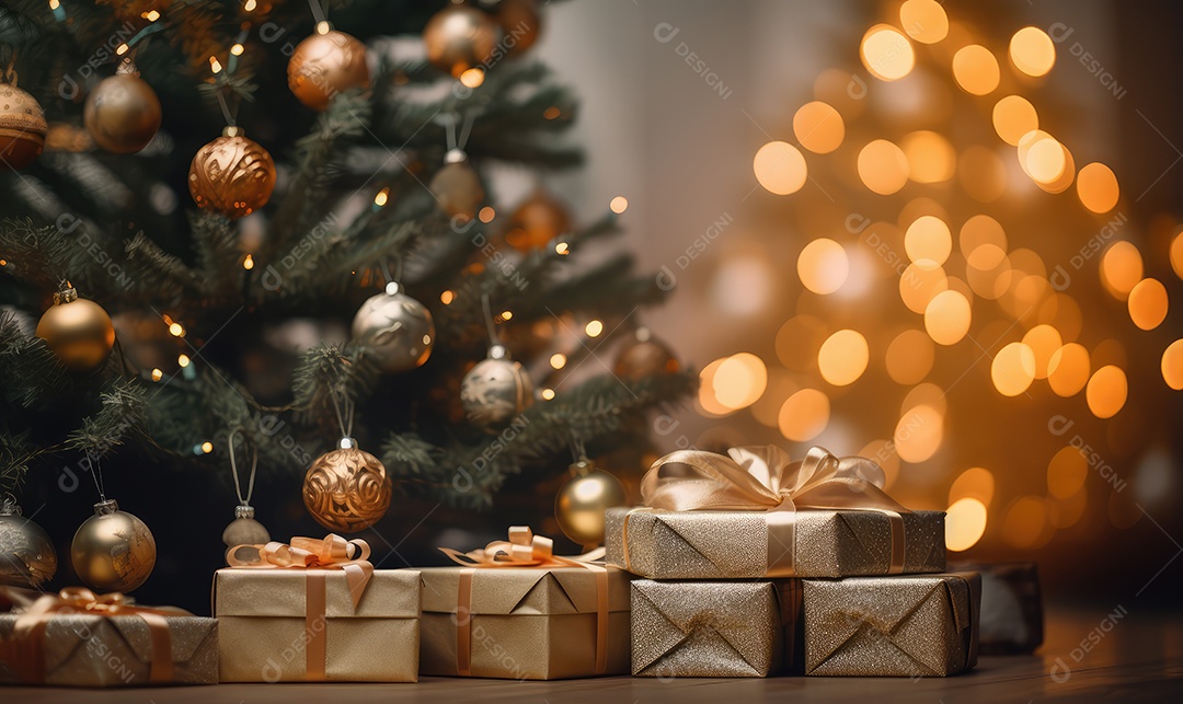 Decoração de Natal com árvore decorada, bolas, brinquedos, luzes, espaçamento de texto e fundo bokeh