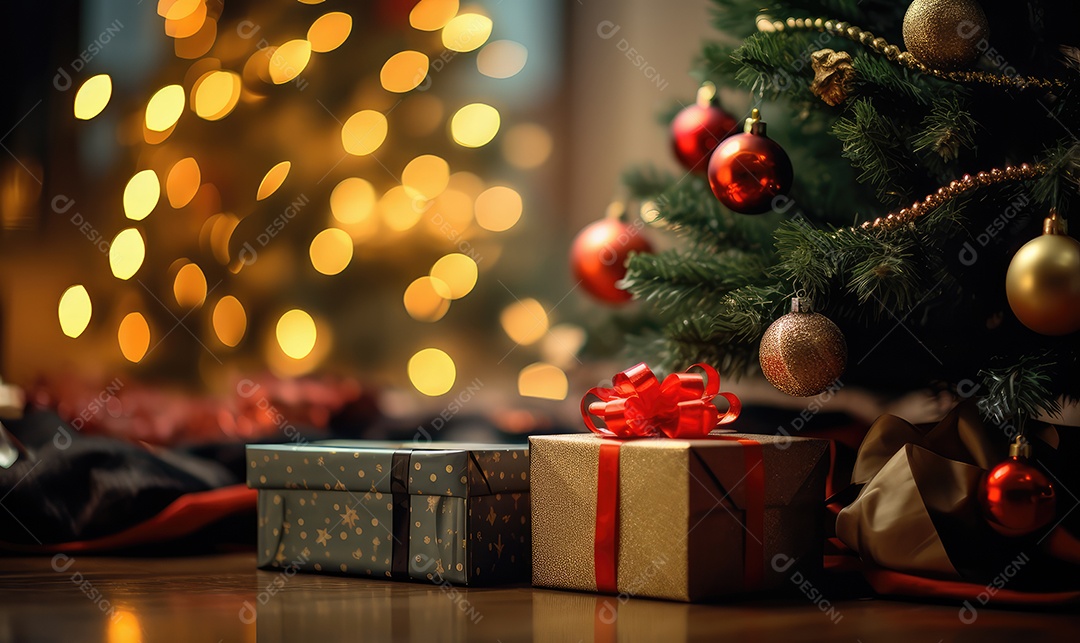 Decoração de Natal com árvore decorada, bolas, brinquedos, luzes, espaçamento de texto e fundo bokeh