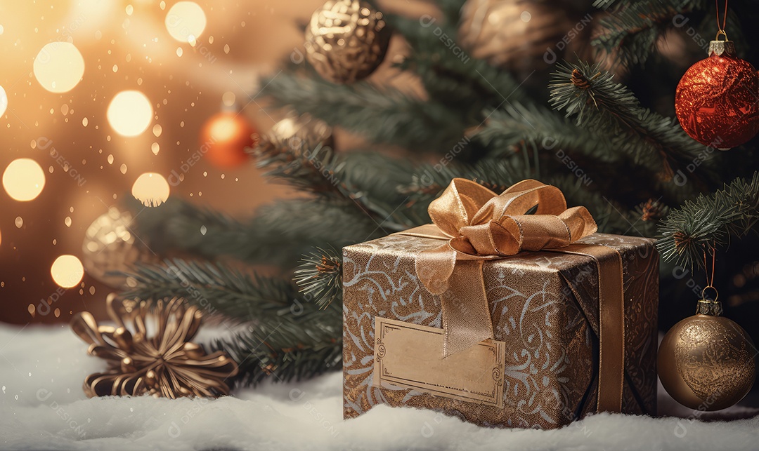 Decoração de Natal com árvore decorada, bolas, brinquedos, luzes, espaçamento de texto e fundo bokeh