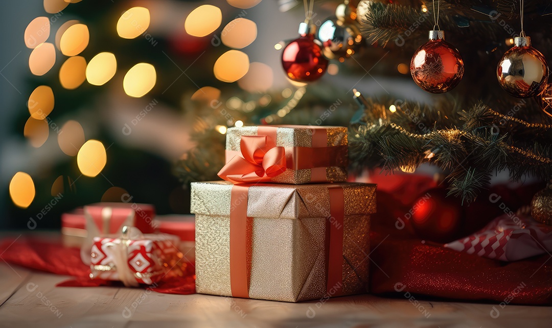 Decoração de Natal com árvore decorada, bolas, brinquedos, luzes, espaçamento de texto e fundo bokeh