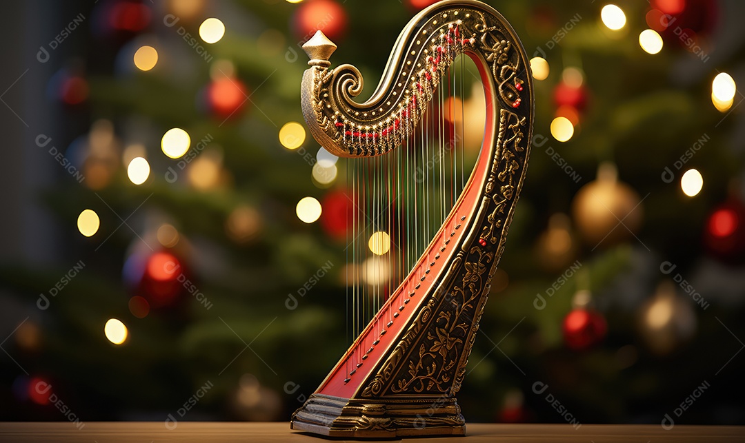 Harpa para decoração de Natal com árvore decorada, espaçamento de texto e fundo bokeh
