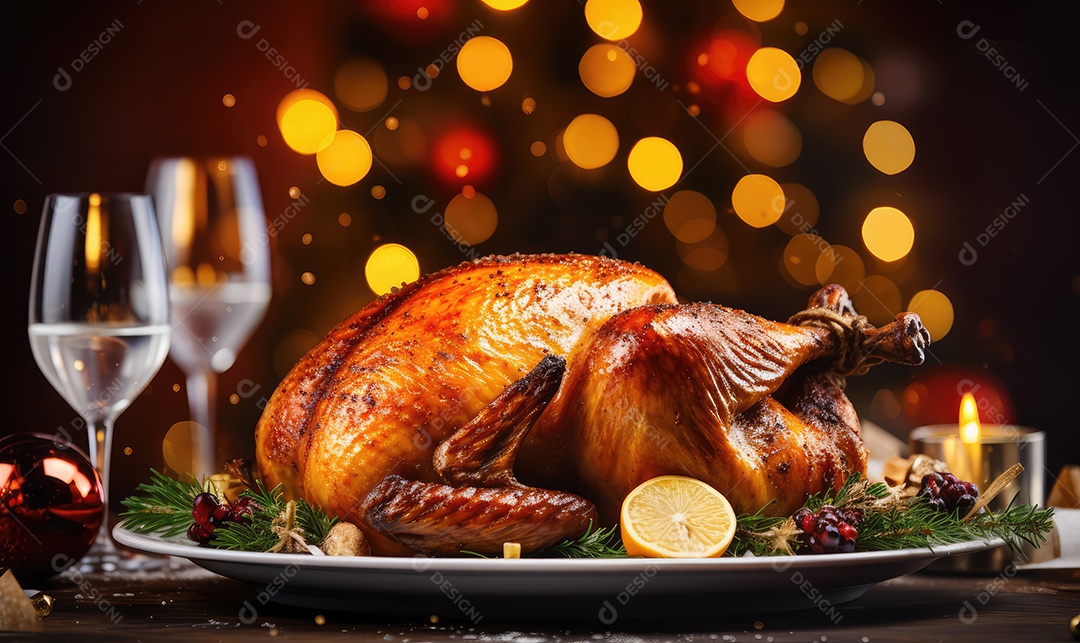 Peru assado suculento e saboroso no prato com decoração de Natal