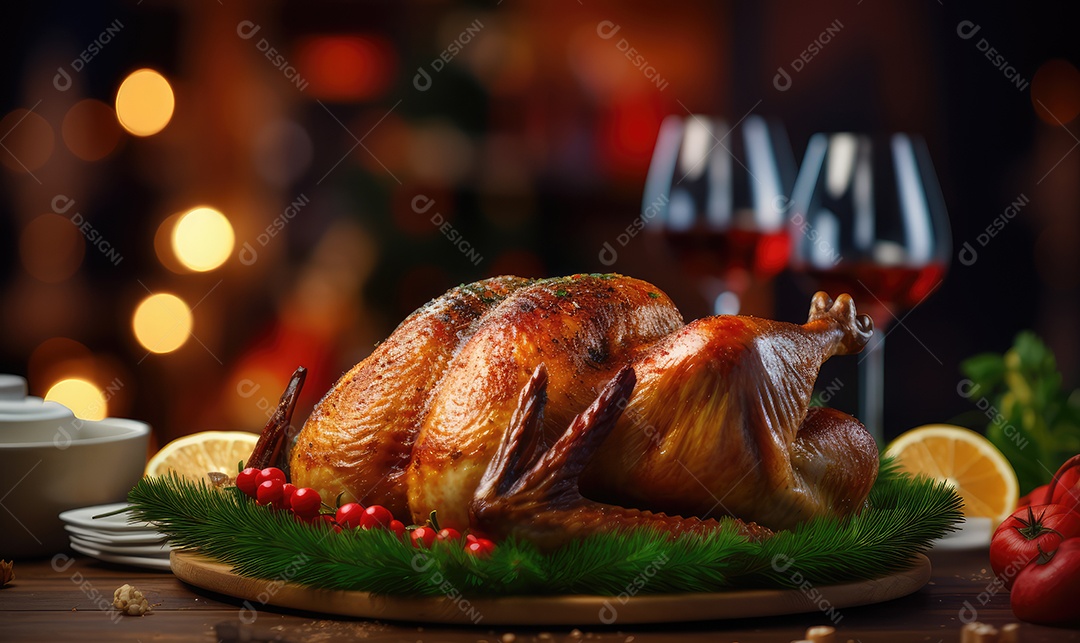 Peru assado suculento e saboroso no prato com decoração de Natal